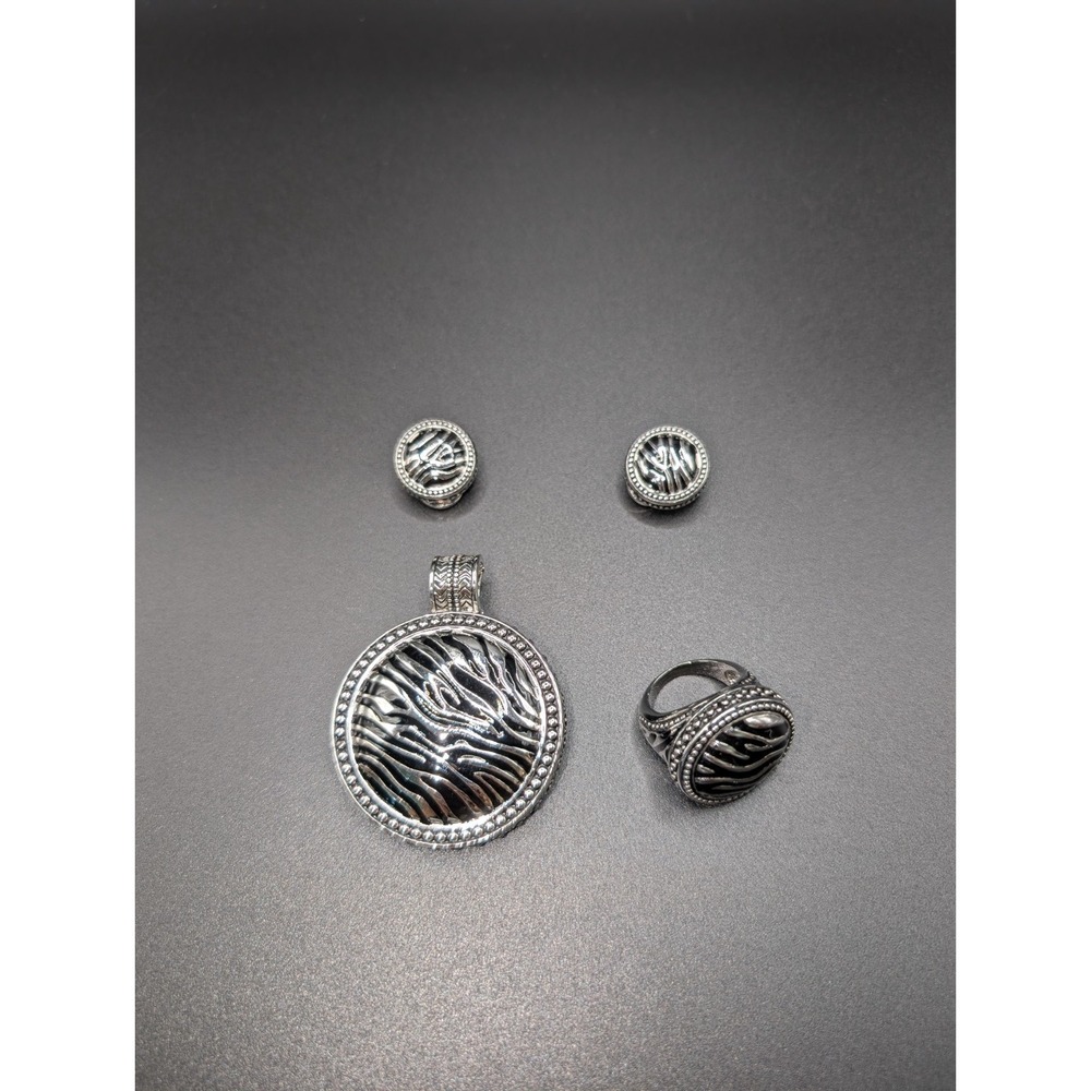 Premier Designs Safari Zebra Pendant Earrings Set Bonus Ring Silver Tone